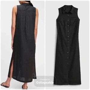Women's Size 2X Linen Black Maxi Shirt Dress Contemporary Lagenlook Beach